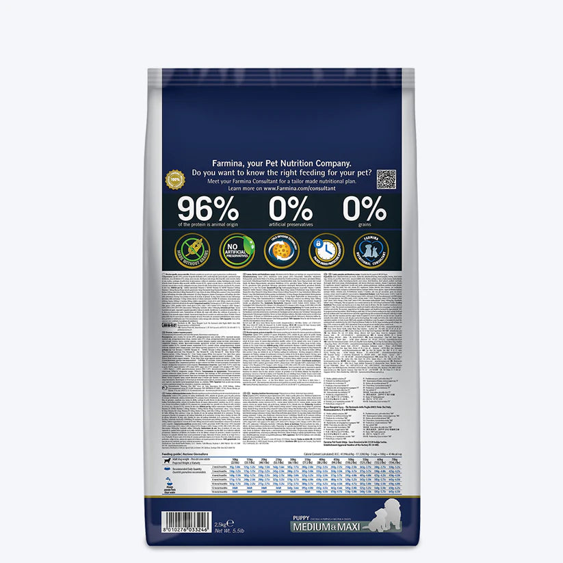 Farmina N&D Pumpkin Lamb & Blueberry Grain Free Medium & Maxi Breed Dry Puppy Food.