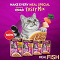 Whiskas Tasty Mix cat food packaging with a cat on a purple background
