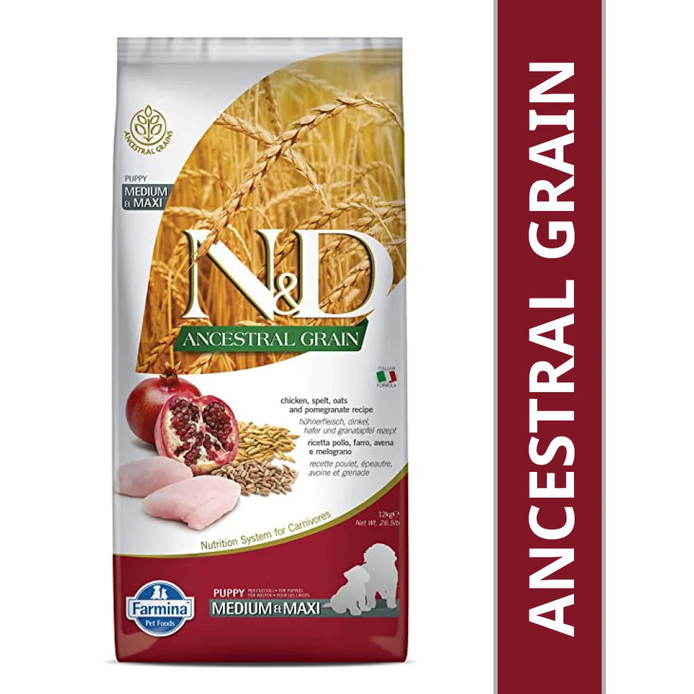 Farmina N&D Ancestral Grain Chicken and Pomegranate Dry Food Puppy Medium and Maxi Breed.