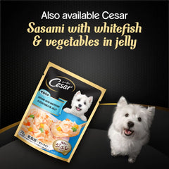 Packaging of Cesar wet dog food, displaying the product name and ingredients.