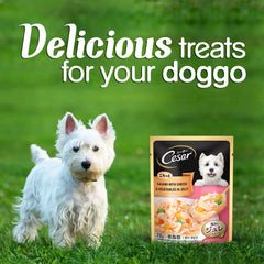 Detailed texture of Cesar wet dog food, showing jelly and pieces.