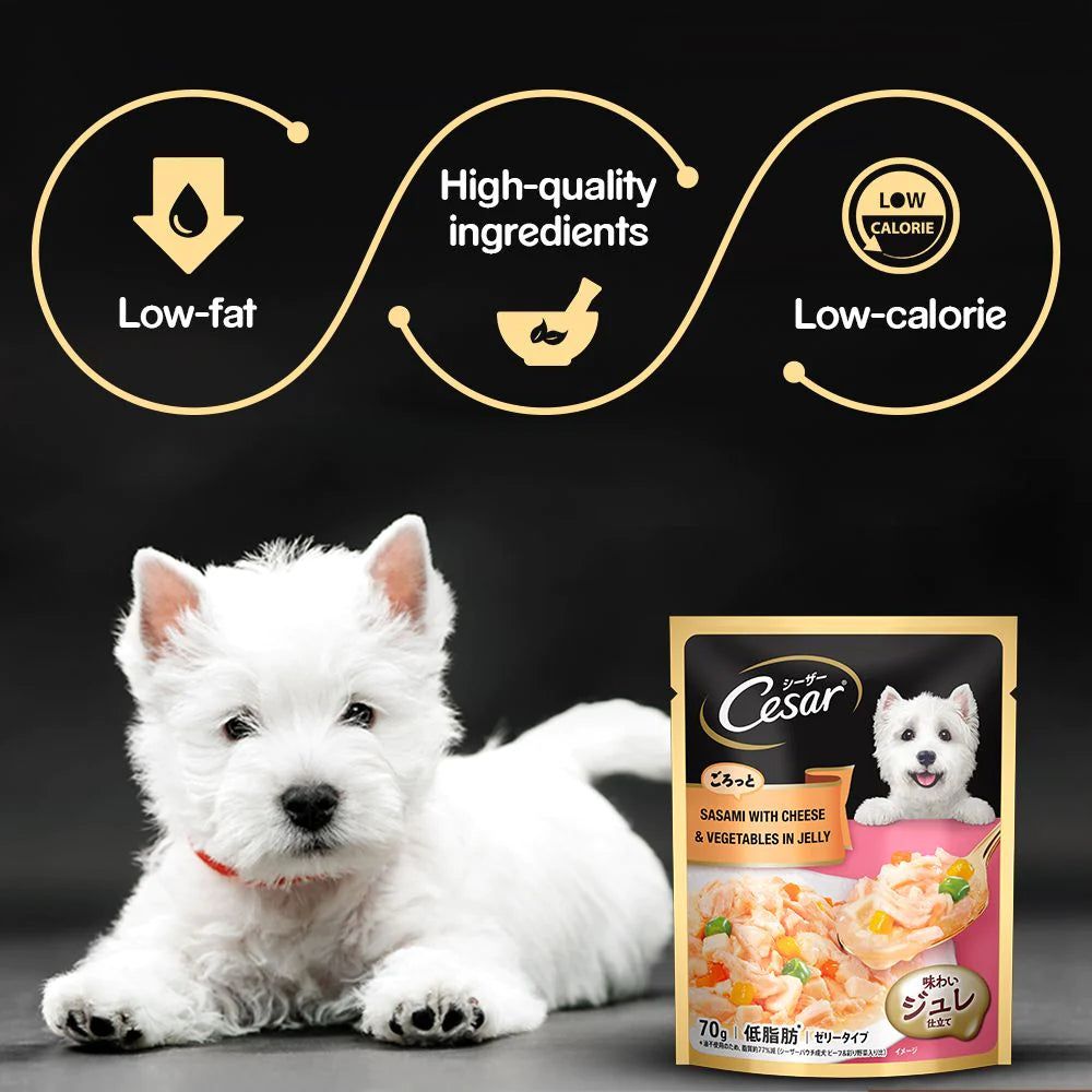 Cesar Sasami dog food, complete meal, makes dogs happy.