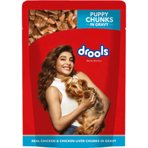 Drools Puppy Wet Dog Food Real Chicken and Chicken Liver Chunks in Gravy.