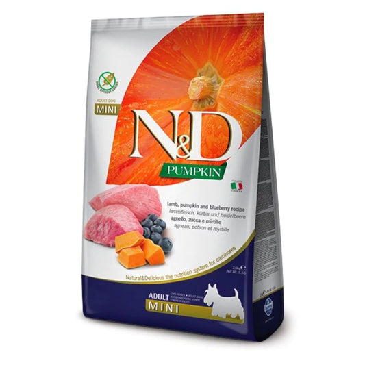 Farmina N&D Pumpkin Lamb & Blueberry Grain Free Adult Mini Dog Dry Food.