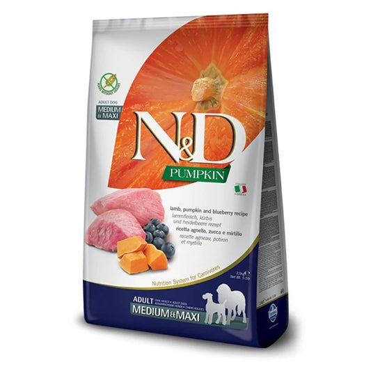 Farmina N&D Pumpkin Lamb & Blueberry Grain Free Medium & Maxi Breed Adult Dry Dog Food.
