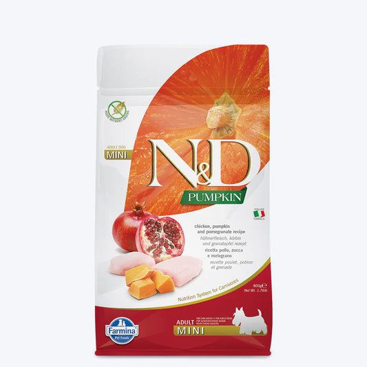 Farmina N&D Pumpkin Chicken & Pomegranate Grain Free Mini Breed Adult Dry Dog Food.