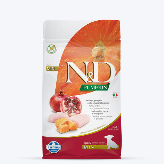 Farmina N&D Pumpkin Chicken & Pomegranate Grain Free Mini Breed Dry Puppy Food.