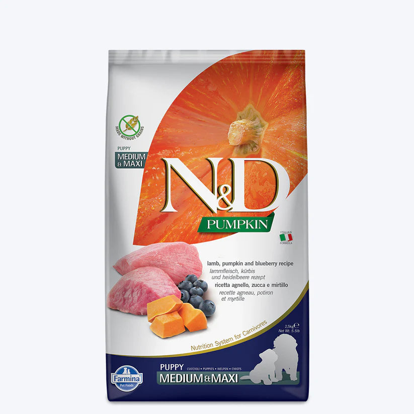 Farmina N&D Pumpkin Lamb & Blueberry Grain Free Medium & Maxi Breed Dry Puppy Food.