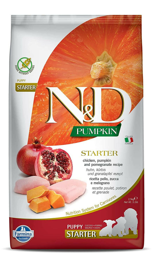 A package of Farmina N&D Puppy Pumpkin Chicken & Pomegranate Grain Free Dry Food for puppy starter. The bag is predominantly orange and white, featuring images of chicken, pumpkin, and pomegranate.