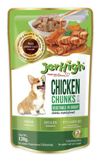 A package of JerHigh Chicken & Vegetable in Gravy Wet Dog Food, featuring an image of the product and a small dog looking at the camera.