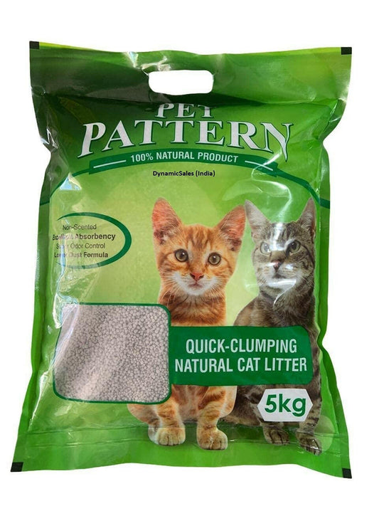 A package of Pet Pattern Smart Bentonite Cat Litter with a green background featuring images of cats and product details.