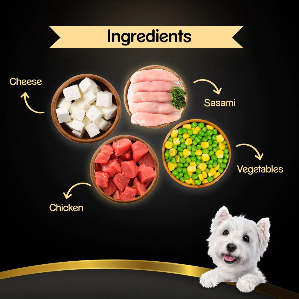 Cesar food for dogs, real chicken and vegetables in jelly.

