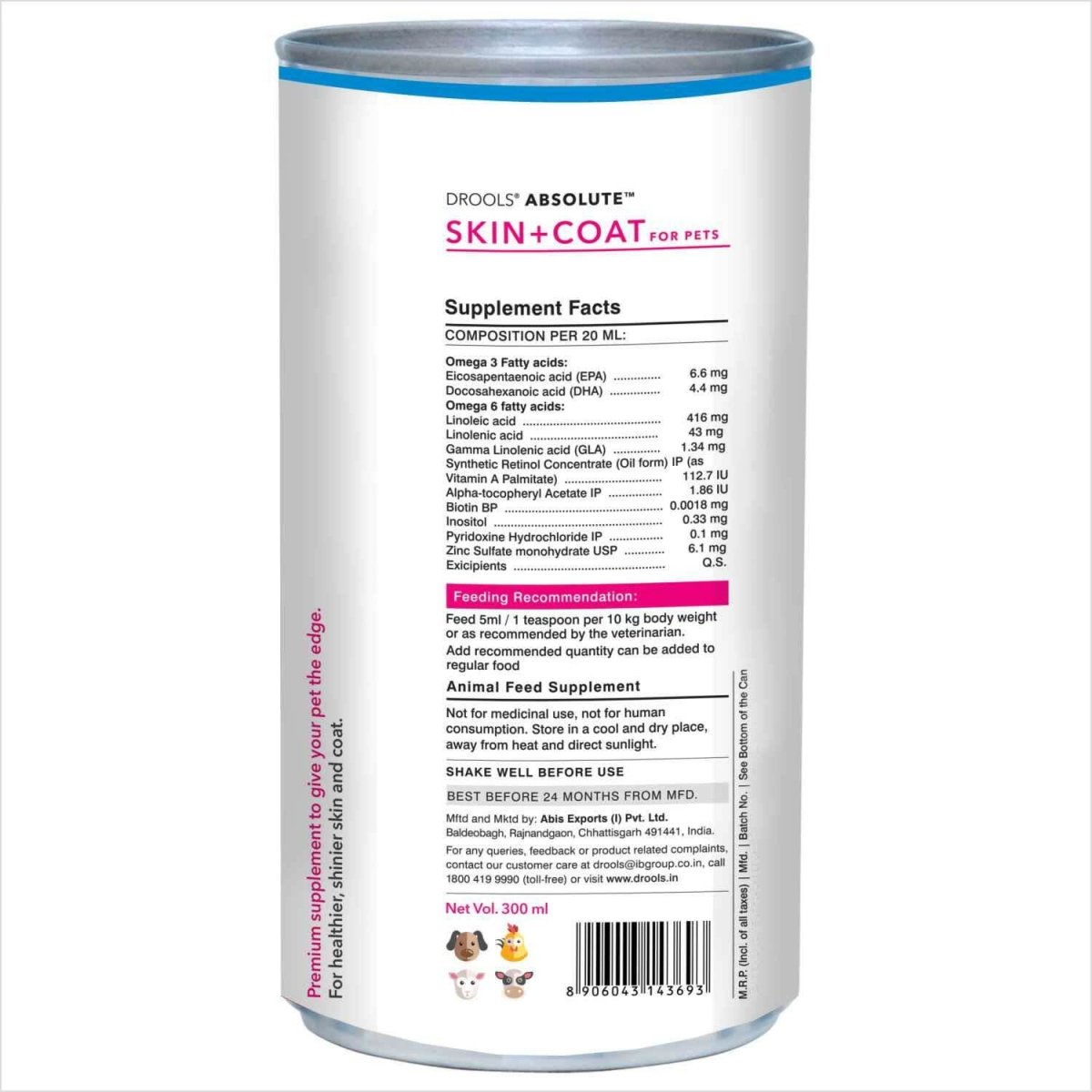 Drools Absolute Skin & Coat Syrup Supplement for Dogs - 300ml - dspetstore.com