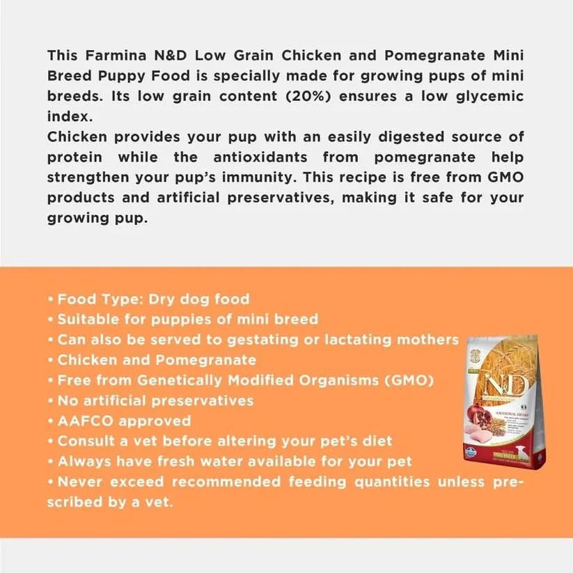 Farmina N&D Ancestral Grain Mini Breed Dry Puppy Food - Chicken & Pomegranate - dspetstore.com