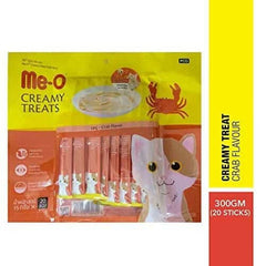 Packaging of Me-O Creamy Treats for cats with a yellow and red design.