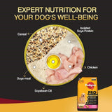 Dog food ingredients with Pedigree Pro packaging on a dark background
