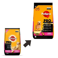 Two packages of Pedigree Pro Puppy food for large breeds on a white background