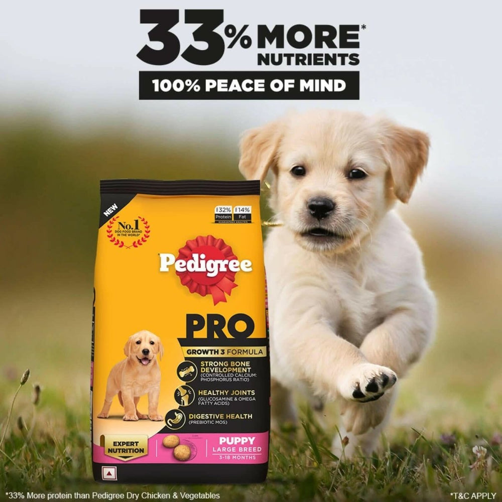 Pedigree Pro puppy food package with a running puppy in the grass