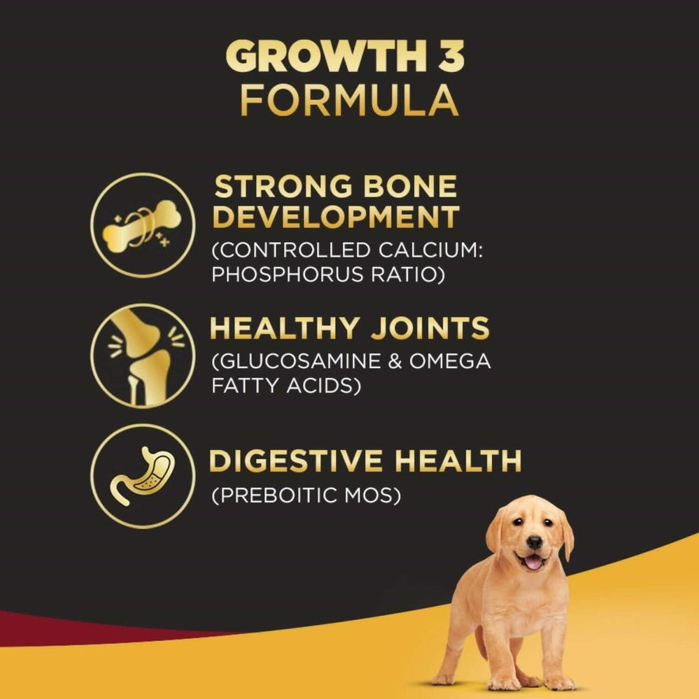 Dog food product with 'Growth 3 Formula' features on a black and yellow background.