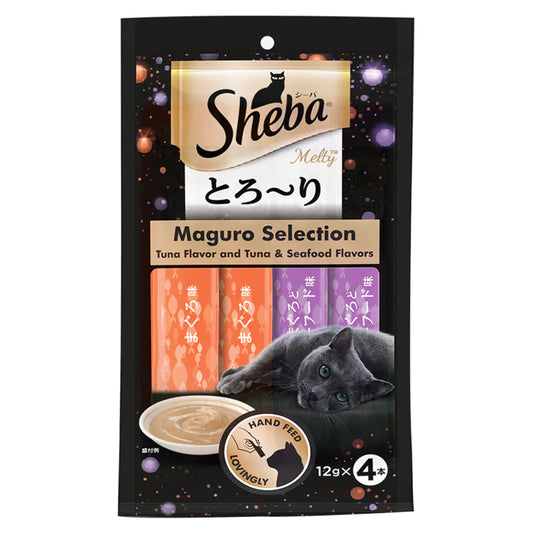 Sheba Tuna Flavor and Tuna & Prawn Maguro Selection Melty Premium Cat Treats.