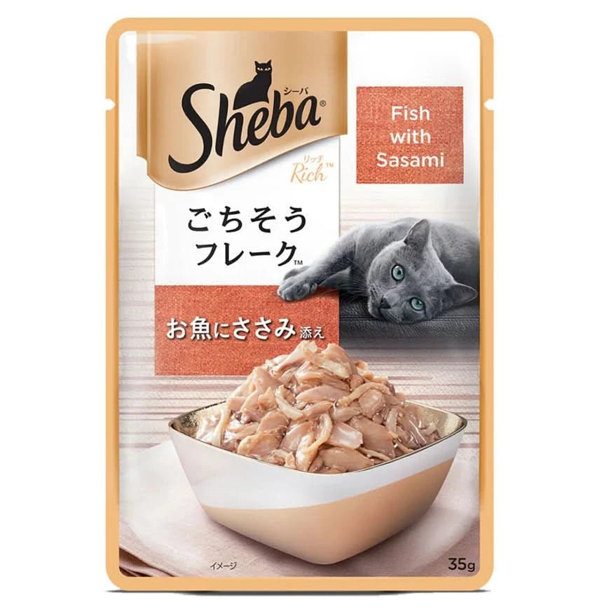 Sheba cat food package with a bowl of fish and sasami on a white background