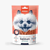 Package of wanpy Salmon Sticks dog treats with a white background