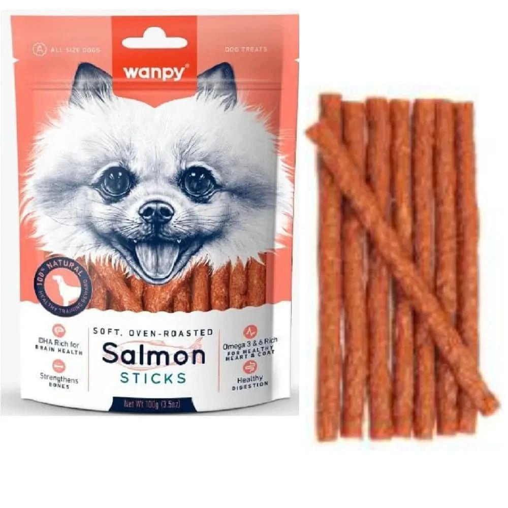Wanpy salmon sticks packaging with sticks displayed on a white background