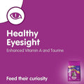 Purple background with text about Whiskas cat food for healthy eyesight and enhanced vitamin A.