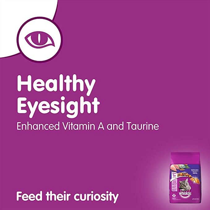 Purple background with text about Whiskas cat food for healthy eyesight and enhanced vitamin A.