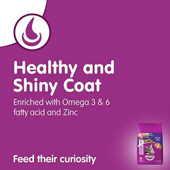 Purple background with Whiskas cat food packaging and text about healthy coat and omega enrichment.