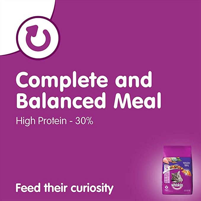 Purple background with Whiskas branding and text about complete and balanced meal for pets.