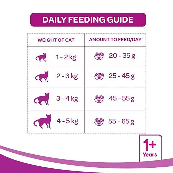 Daily feeding guide for cats with weight categories and corresponding amounts to feed.