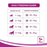 Daily feeding guide for cats with weight categories and corresponding amounts to feed.