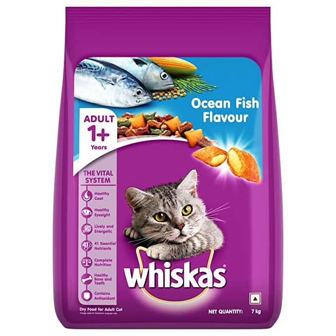 Whiskas Ocean Fish Flavour cat food package on a white background