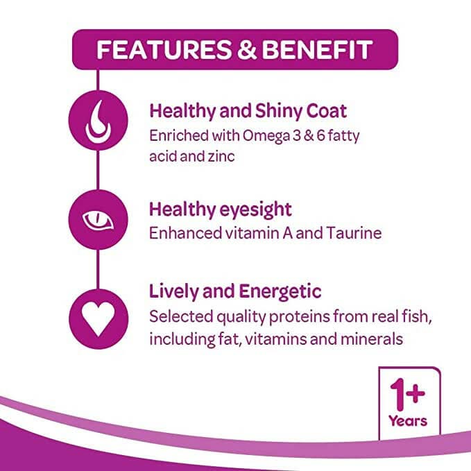 Features and benefits of a pet food product on a white background with purple text and icons.
