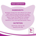 Cat food packaging with ingredient list and nutrition details on a purple background
