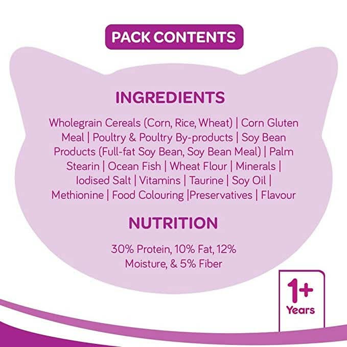 Cat food packaging with ingredient list and nutrition details on a purple background