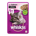 Whiskas cat food packet with salmon in gravy on a white background