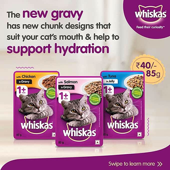 Whiskas cat food packets with promotional text on a white background