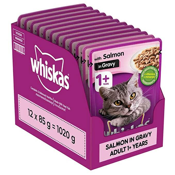 Packaging of Whiskas cat food with salmon in gravy on a white background
