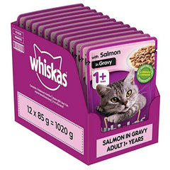 Packaging of Whiskas cat food with salmon in gravy on a white background