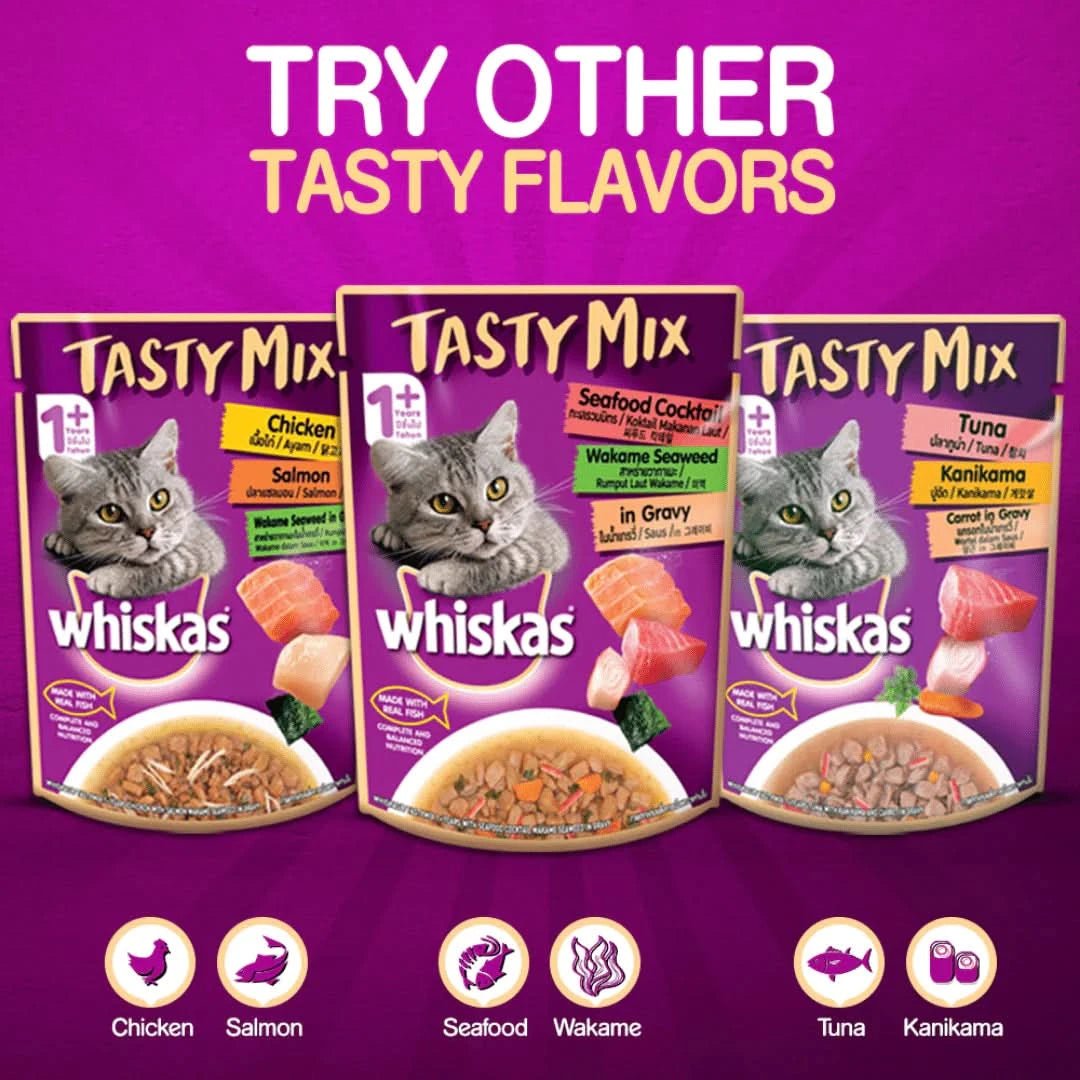 Three packages of Whiskas Tasty Mix cat food on a purple background with text 'Try Other Tasty Flavors'.