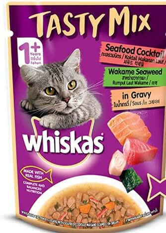 Whiskas Tasty Mix cat food package with a gray cat on the label