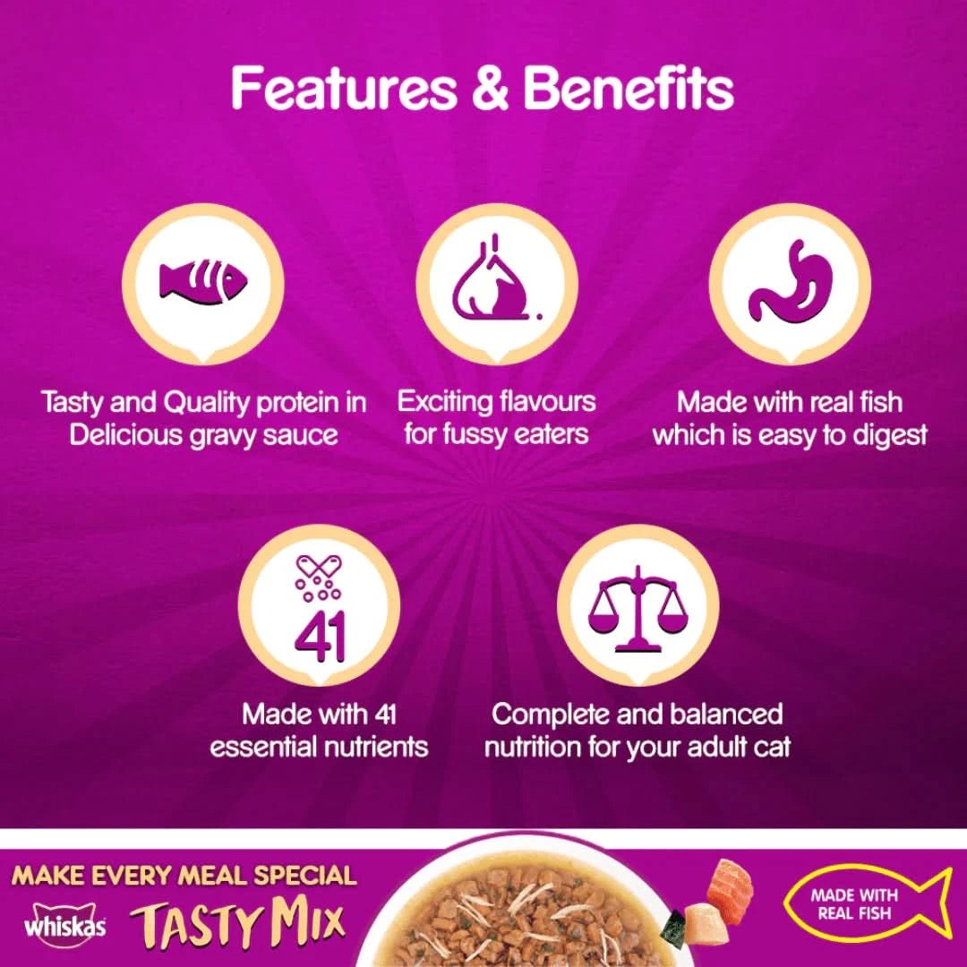 Features and benefits of Whiskas Tasty Mix cat food on a purple background