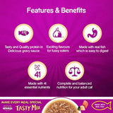 Features and benefits of Whiskas Tasty Mix cat food on a purple background
