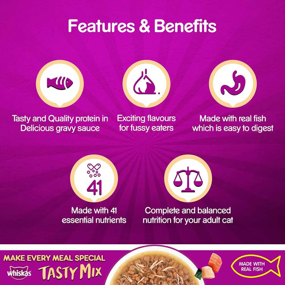 Whiskas Adult Wet Cat Food Tasty Mix Chicken, Salmon & Wakame Seaweed in Gravy - dspetstore.com