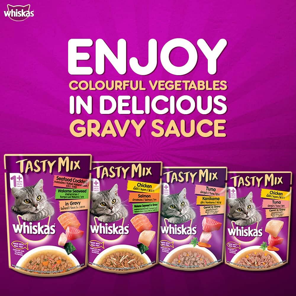 Whiskas Adult Wet Cat Food Tasty Mix Chicken, Salmon & Wakame Seaweed in Gravy - dspetstore.com