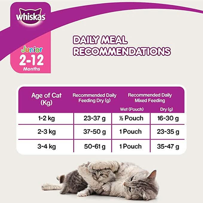 Whiskas Junior cat food packaging with feeding recommendations for kittens aged 2-12 months.