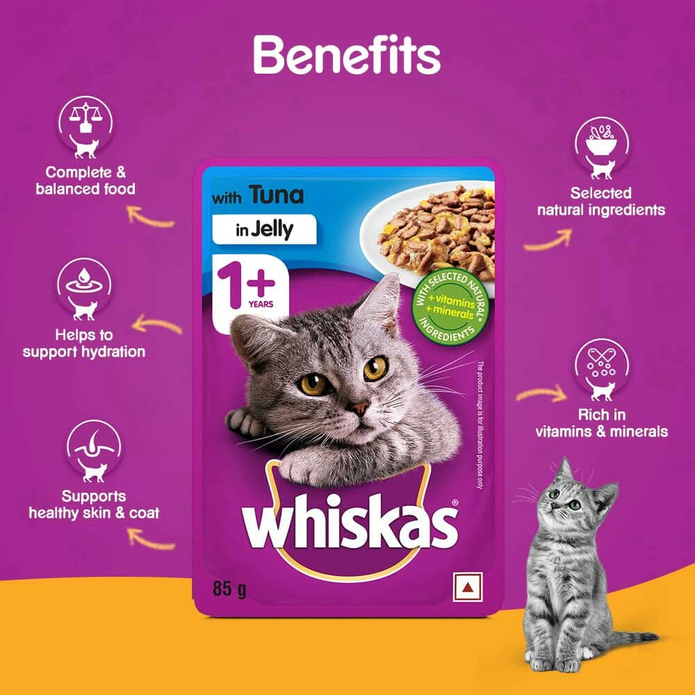 Whiskas cat food packet with benefits listed on a purple and orange background