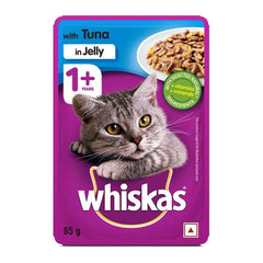 Whiskas cat food pouch with tuna in jelly on a white background